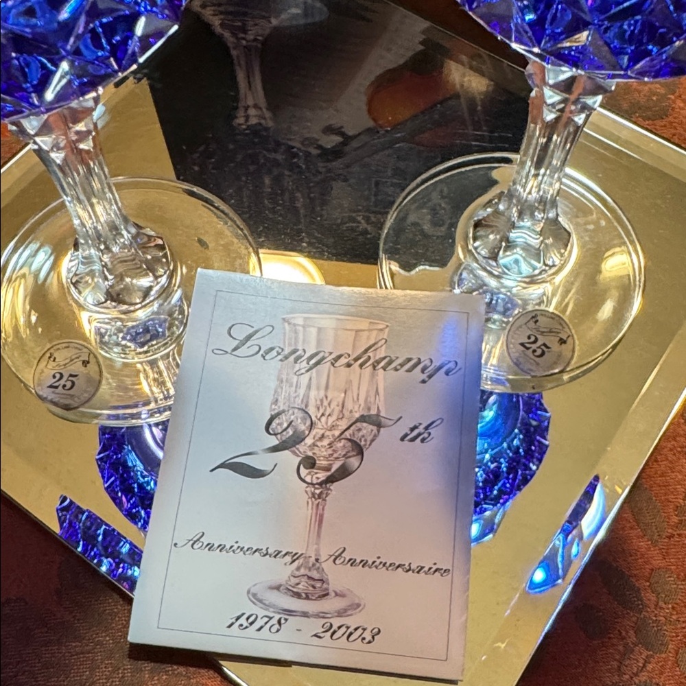Longchamp 24% Lead Crystal 25th Anniversary Blue Crystal Wine Glass Set - Picture 4 of 11